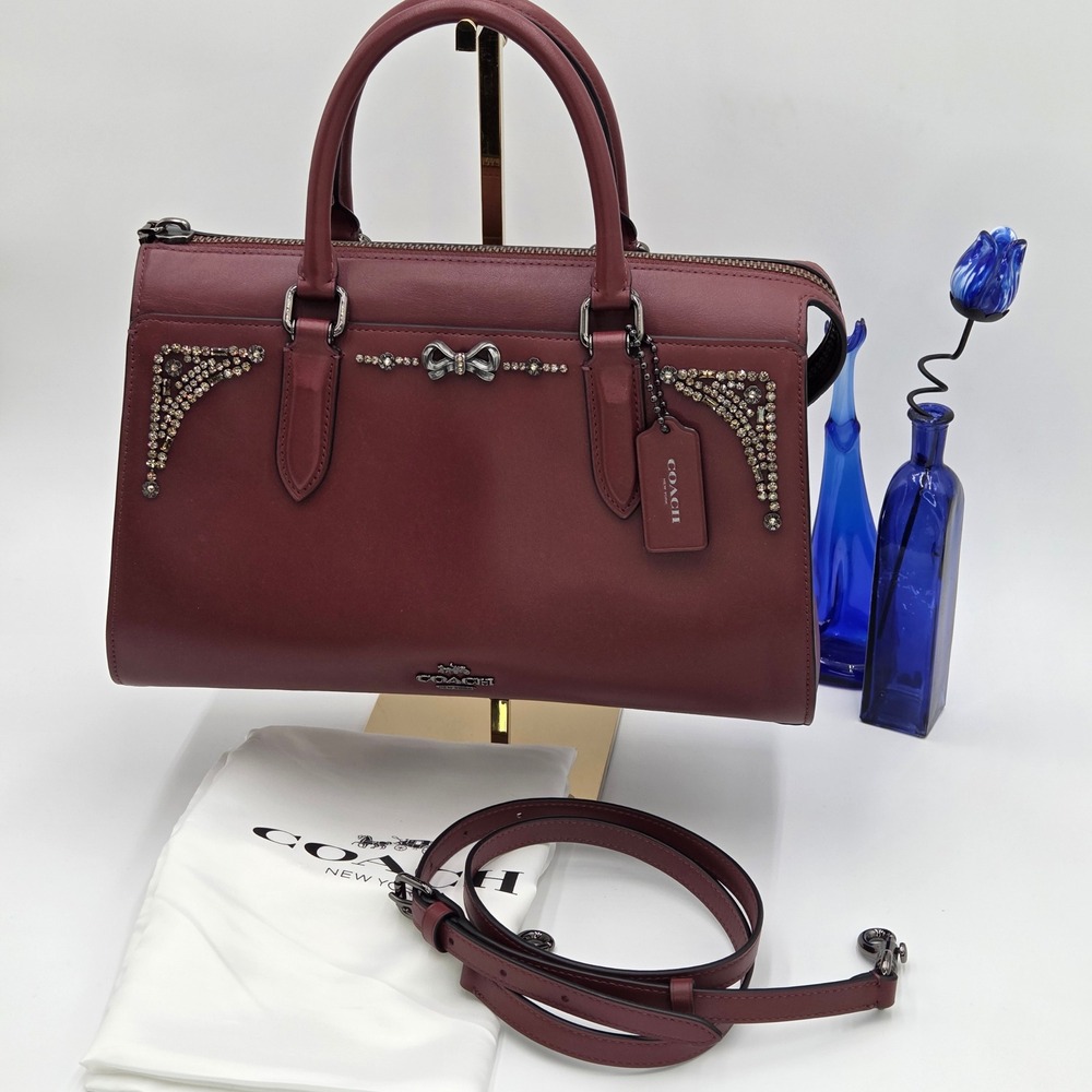 Coach x Selena Gomez Leather Bond Bag Crystal Embellished 39289 Burgundy Wine